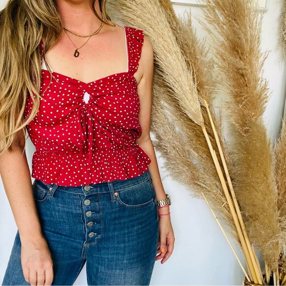 NEW EXPRESS Red White Polka Dot Ruffle Tank Top Peplum Keyhole Tie Crop Shirt XS - Picture 1 of 12